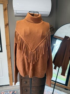 Chelsea & Theodore Burnt Orange Fringe Turtleneck Sweater